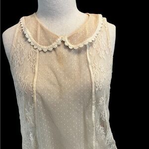 Delicate lace sleeveless, with collar top. It’s oh so feminine and dainty.